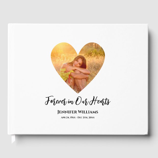 Condolence Photo White Heart Modern Calligraphy Guest Book (Front)
