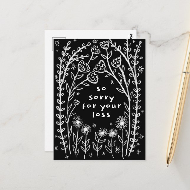 CONDOLENCES Floral Whimsical Sketch Doodle Sorry Postcard (Front/Back In Situ)