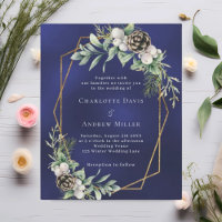 Cone pine greenery gold blue wedding invitation