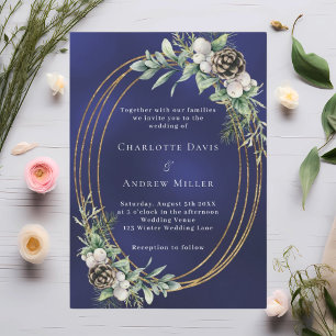 Cone pine greenery gold frame blue wedding invitation
