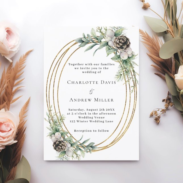 Cone pine greenery gold frame wedding invitation (Creator Uploaded)