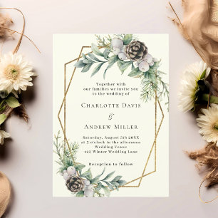 Cone pine greenery gold geometric ivory wedding invitation