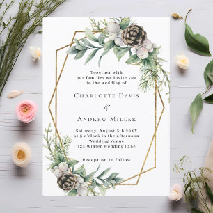 Cone pine greenery gold geometric wedding invitation
