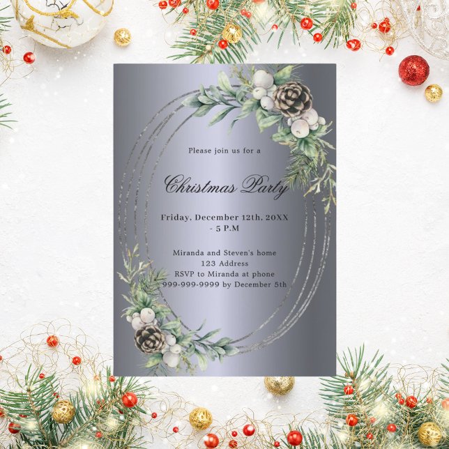 Cone pine greenery silver Christmas Party Invitation (Creator Uploaded)