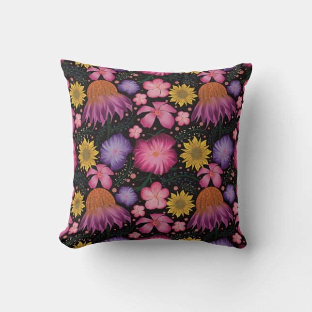 Coneflower Black Floral Pattern Cushion (Front)