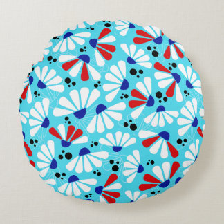 Coneflower Confetti on Tropical Blue Round Cushion