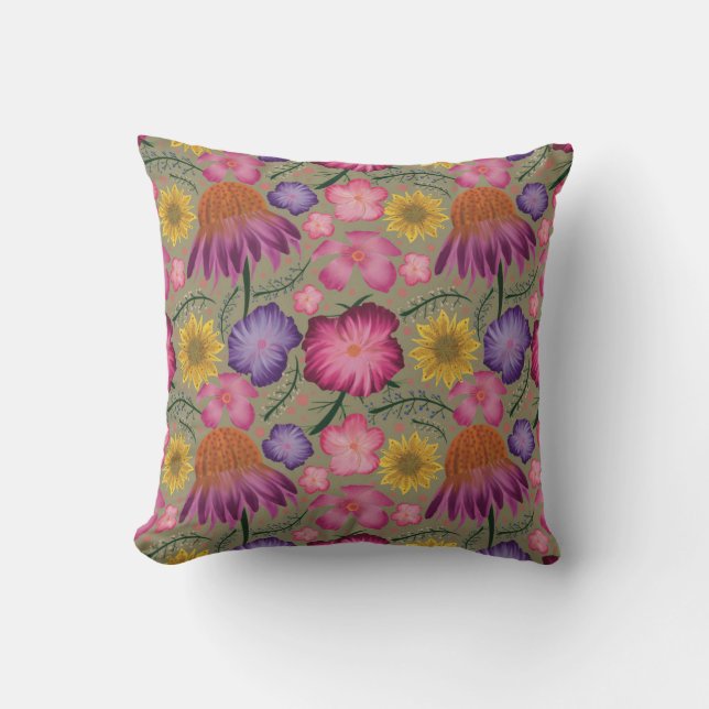 Coneflower Sage Green Floral Pattern Cushion (Front)