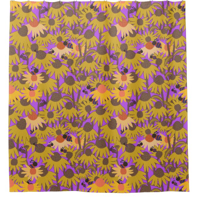 Coneflowers and Bees Purple Background Shower Curtain (Front)