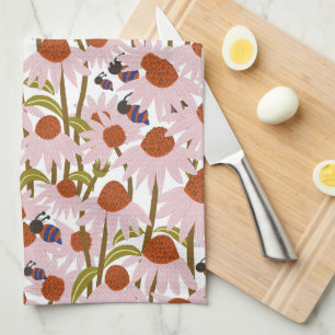 Coneflowers and Bees Tea Towel