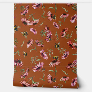 Coneflowers Echinacea Bees Pattern Wallpaper