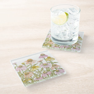 Coneflowers Watercolor Botanical Art Glass Coaster