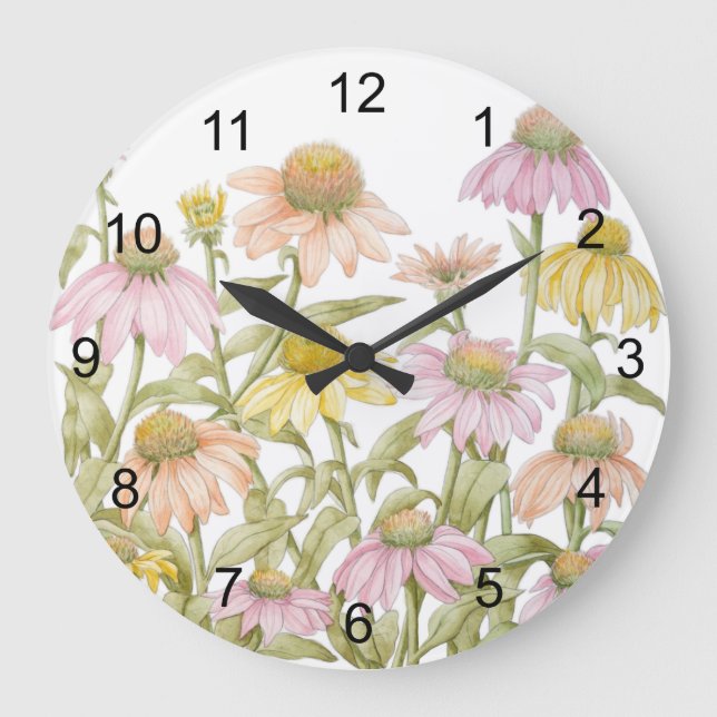 Coneflowers Watercolor Botanical Art Large Clock (Front)