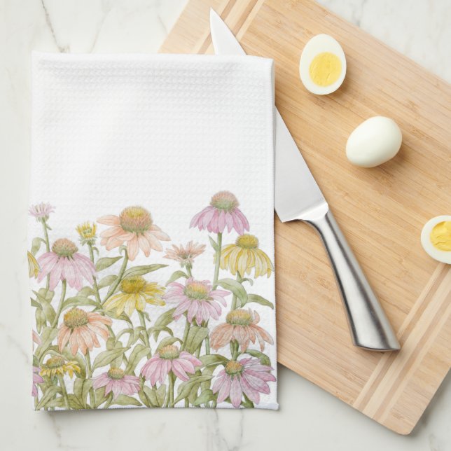 Coneflowers Watercolor Botanical Art Tea Towel (Quarter Fold)