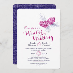 Cones art blue plum winter wedding re-scheduled invitation