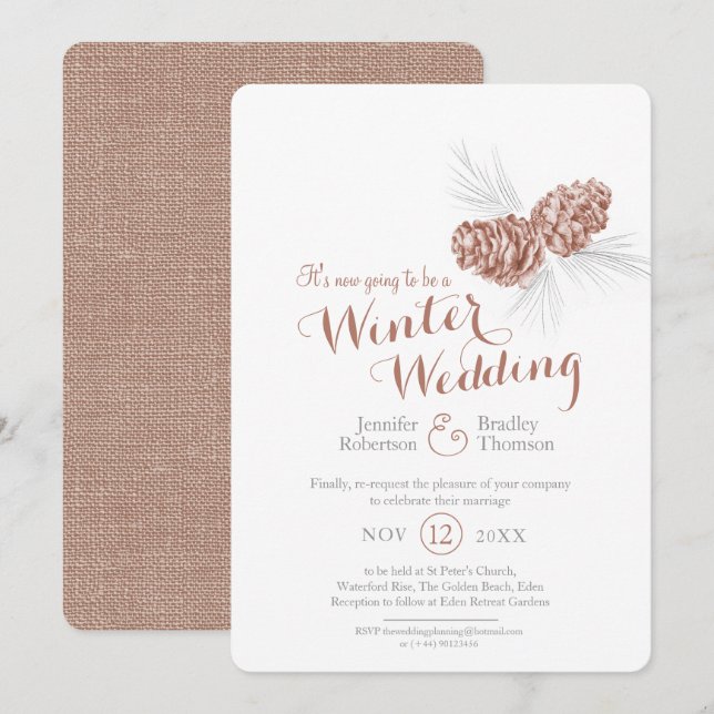 Cones art brown grey winter wedding re-scheduled invitation (Front/Back)