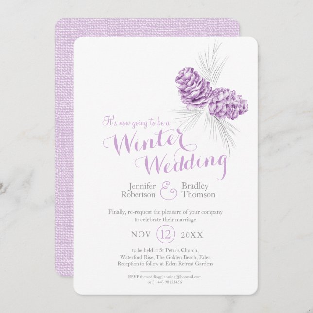 Cones art purple grey winter wedding rescheduled invitation (Front/Back)