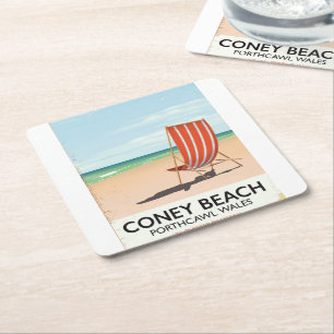 Coney Beach Porthcawl Wales travel poster Square Paper Coaster