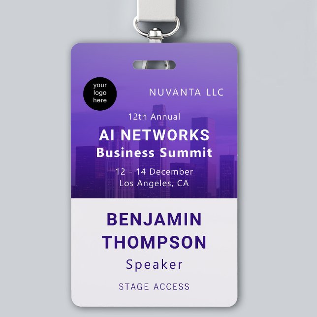 Conference Business Corporate Event Purple Photo ID Badge (event badge template business corporate networking conference design modern purple photo branding)