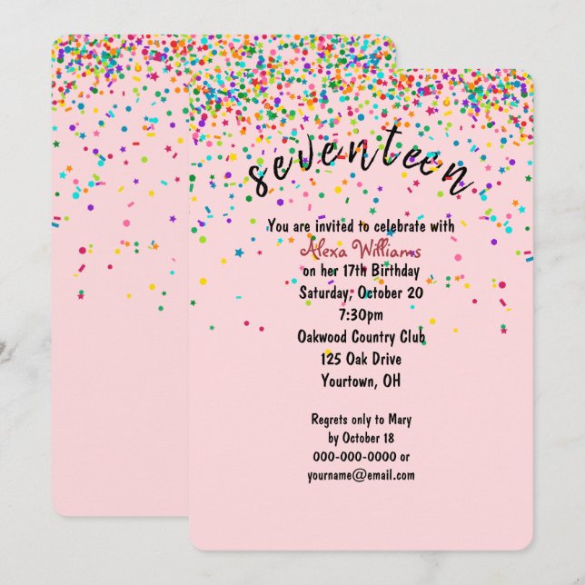 confetti 17th Birthday Party Invitation (Front/Back)