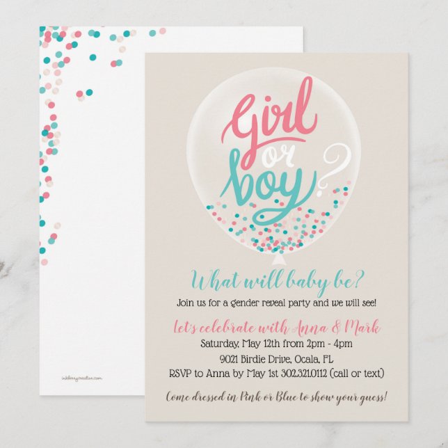 Confetti Balloon Gender Reveal Party Invitation (Front/Back)