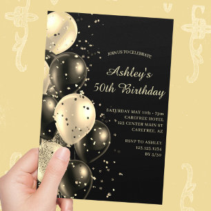 Confetti Balloons Black and Gold 50th Birthday Invitation
