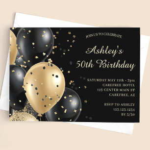 Confetti Balloons Black Gold 50th Birthday Invitation