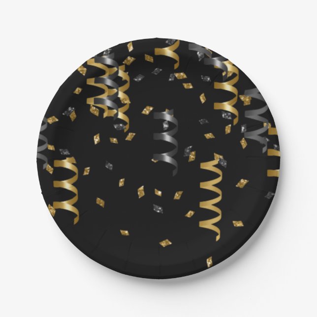 Confetti Black Gold Celebration Modern Chic Fun Paper Plate (Front)
