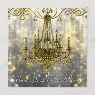 Confetti Black Gold Chandelier New Years Eve Invitation