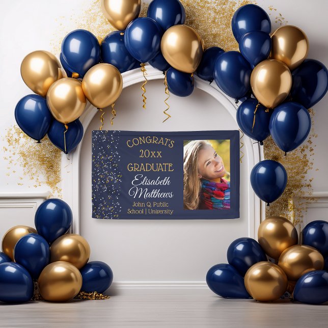 Confetti Blue Photo Congrats Graduate Name School Banner (Elegant Classy White and Gold Confetti Blue "Congrats Graduate" Graduation Photo Party Banner)