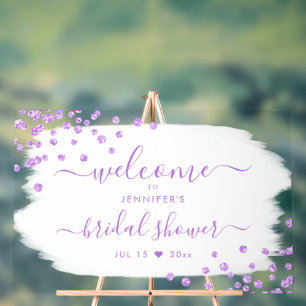 Confetti Bridal Shower Welcome Purple White  Acrylic Sign