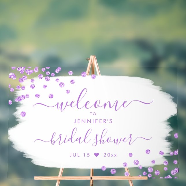 Confetti Bridal Shower Welcome Purple White  Acrylic Sign (Neutral)