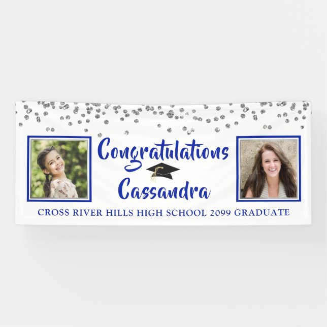 Confetti Brush Script Photo Graduation Royal Blue Banner (Horizontal)