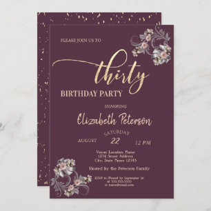 Confetti Burgundy Floral 30th Birthday Party  Invitation