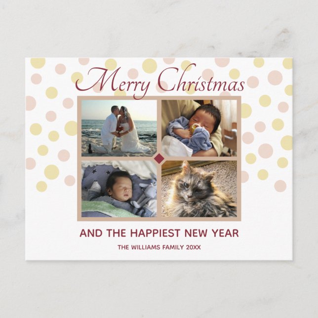 Confetti Burgundy Tan Cute 4 Photo Christmas Postcard (Front)