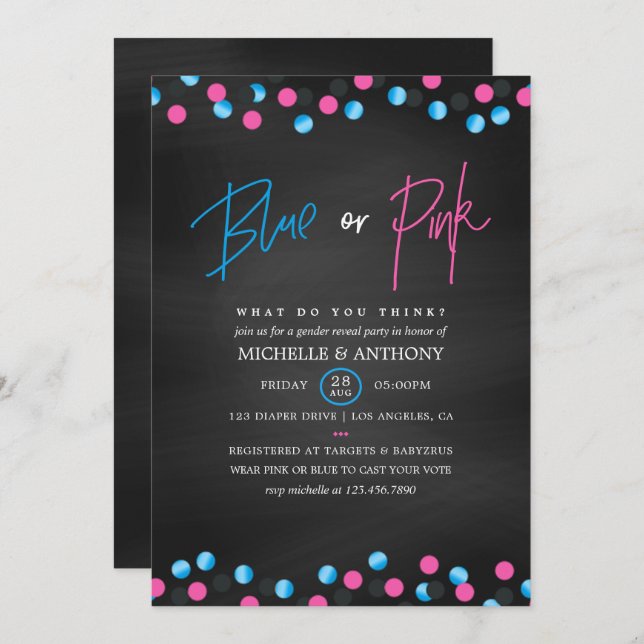 Confetti Chalkboard Blue or Pink Gender Reveal Invitation (Front/Back)