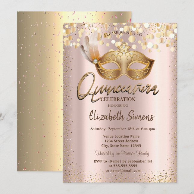  Confetti Chic Masque Rose Gold Quinceañera  Invitation (Front/Back)