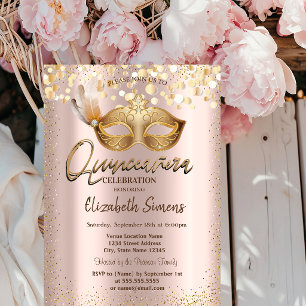 Confetti Chic Masque Rose Gold Quinceañera Invitation
