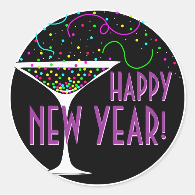Confetti Cocktail Happy New Year Round Sticker (Front)