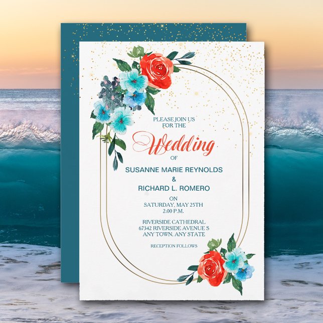 Confetti Coral and Aqua Floral Wedding Invitation (Creator Uploaded)