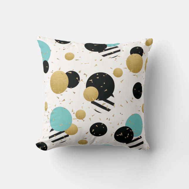 Confetti Dot Party Black Teal and Gold Cushion (Front)