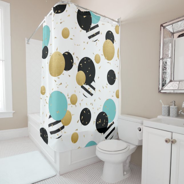 Confetti Dot Party in Teal and Gold Shower Curtain (In Situ)