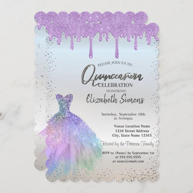 Confetti Dots,Blue Dress Violet Drips Quinceañera Invitation (Front/Back)