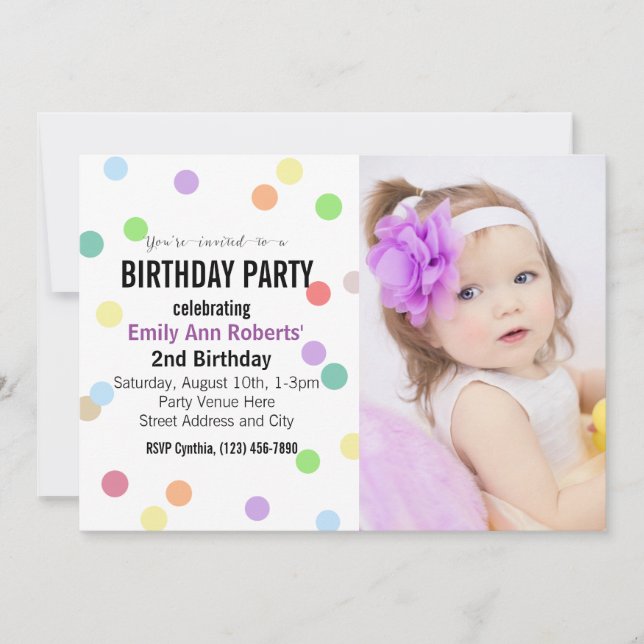 Confetti Dots Custom Photo Birthday Party Invitation (Front)