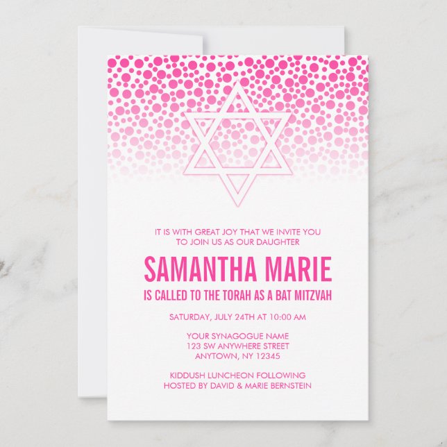 Confetti Dots Hot Pink Bat Mitzvah Invitations (Front)