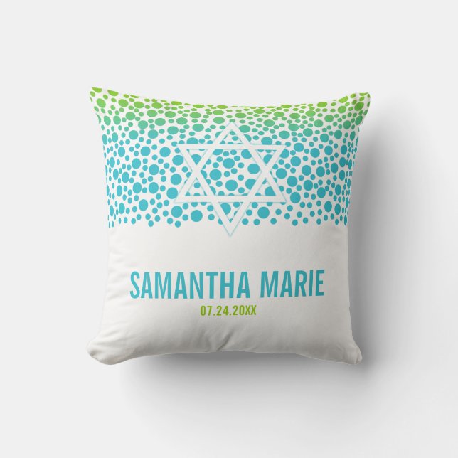 Confetti Dots Teal Lime Green Bat Mitzvah Cushion (Front)