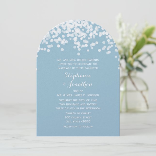 Confetti Dusty Powder Blue Wedding Invitations (Standing Front)