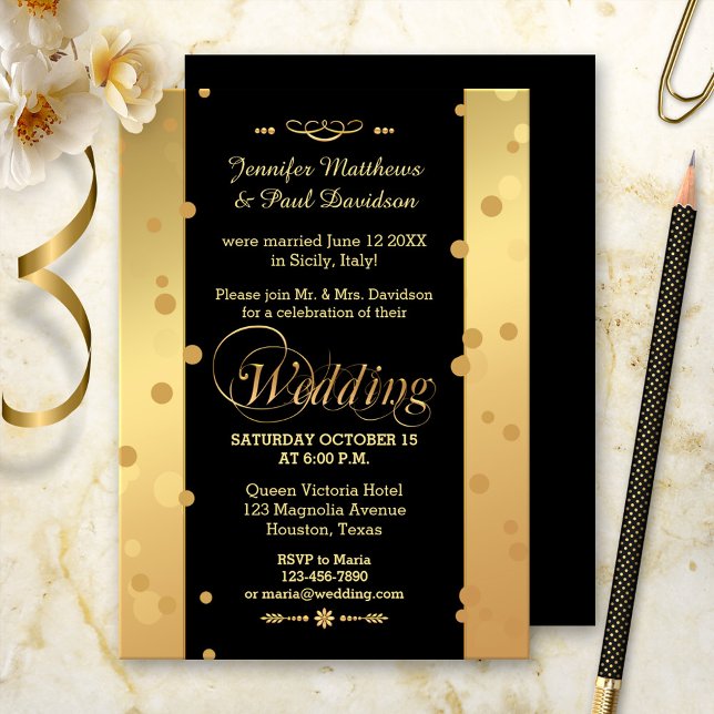 Confetti Elope or Post Wedding Party Invitation (Post wedding reception invitation in gold and black with festive confetti sparkles)