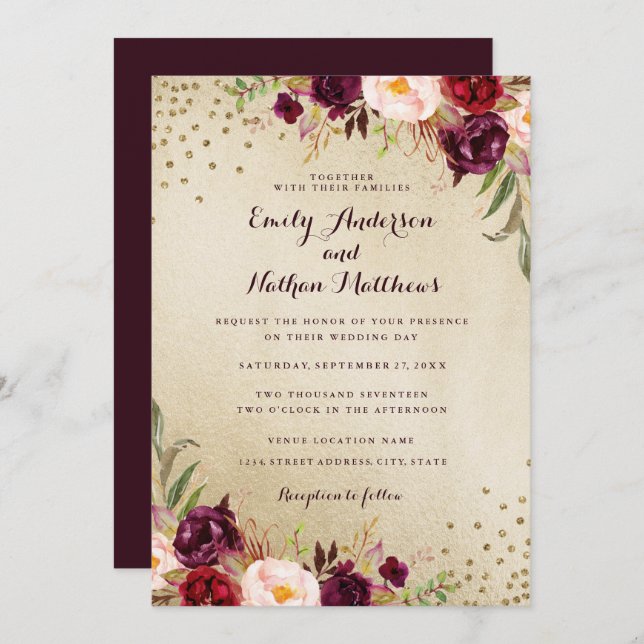 Confetti Floral Gold Burgundy Wedding Invitation (Front/Back)