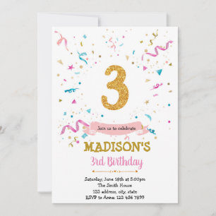Confetti glitter 3rd birthday  invitation