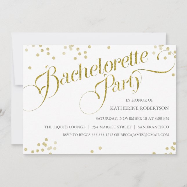 Confetti Glitter Bachelorette Party Invite, gold Invitation (Front)